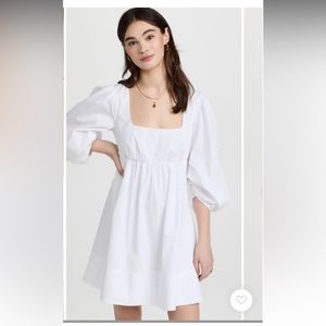 STAUD NWOT White Sofia Square-neck Poplin babydoll puff sleeve mini dress Size S